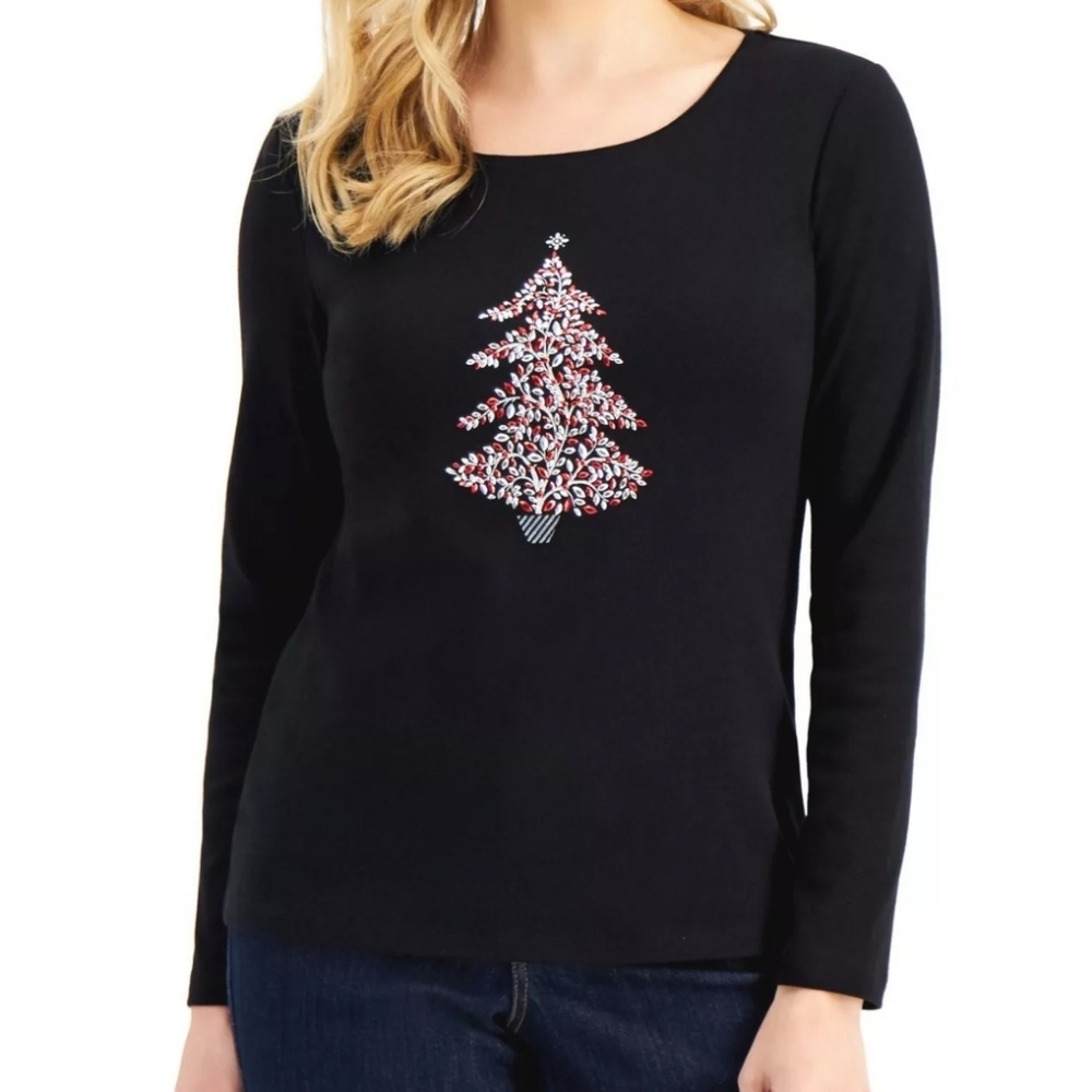 Karen Scott Medium Graphic Holiday Christmas Tree T-Shirt Black - Picture 2 of 5